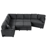 Canapé d'angle en L 6 places de 320 cm avec lit gigogne, ports de chargement USB et tablettes avec porte-gobelets rabattables
