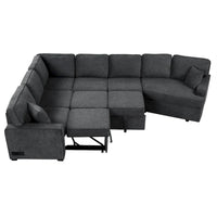 Canapé d'angle en L 6 places de 320 cm avec lit gigogne, ports de chargement USB et tablettes avec porte-gobelets rabattables