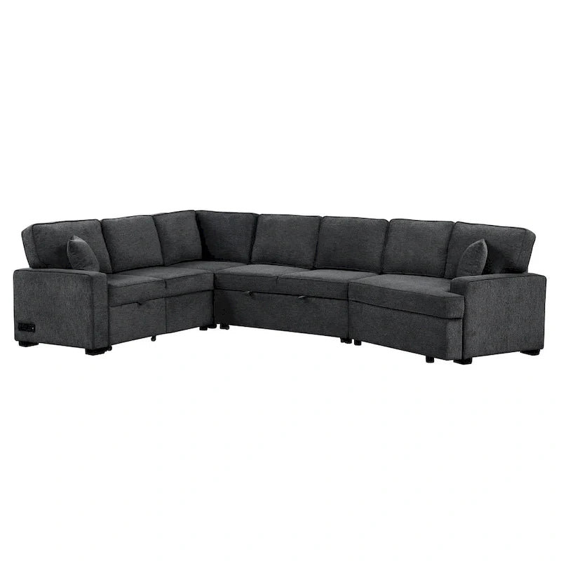 Canapé d'angle en L 6 places de 320 cm avec lit gigogne, ports de chargement USB et tablettes avec porte-gobelets rabattables