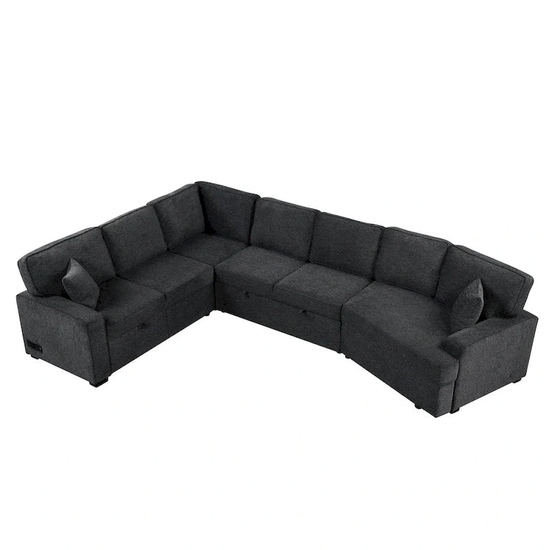 Canapé d'angle en L 6 places de 320 cm avec lit gigogne, ports de chargement USB et tablettes avec porte-gobelets rabattables