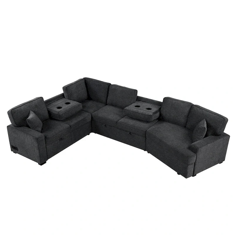 Canapé d'angle en L 6 places de 320 cm avec lit gigogne, ports de chargement USB et tablettes avec porte-gobelets rabattables