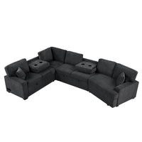 Canapé d'angle en L 6 places de 320 cm avec lit gigogne, ports de chargement USB et tablettes avec porte-gobelets rabattables