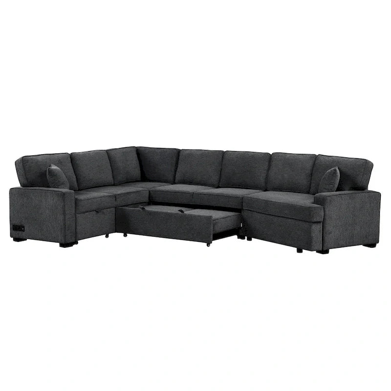 Canapé d'angle en L 6 places de 320 cm avec lit gigogne, ports de chargement USB et tablettes avec porte-gobelets rabattables