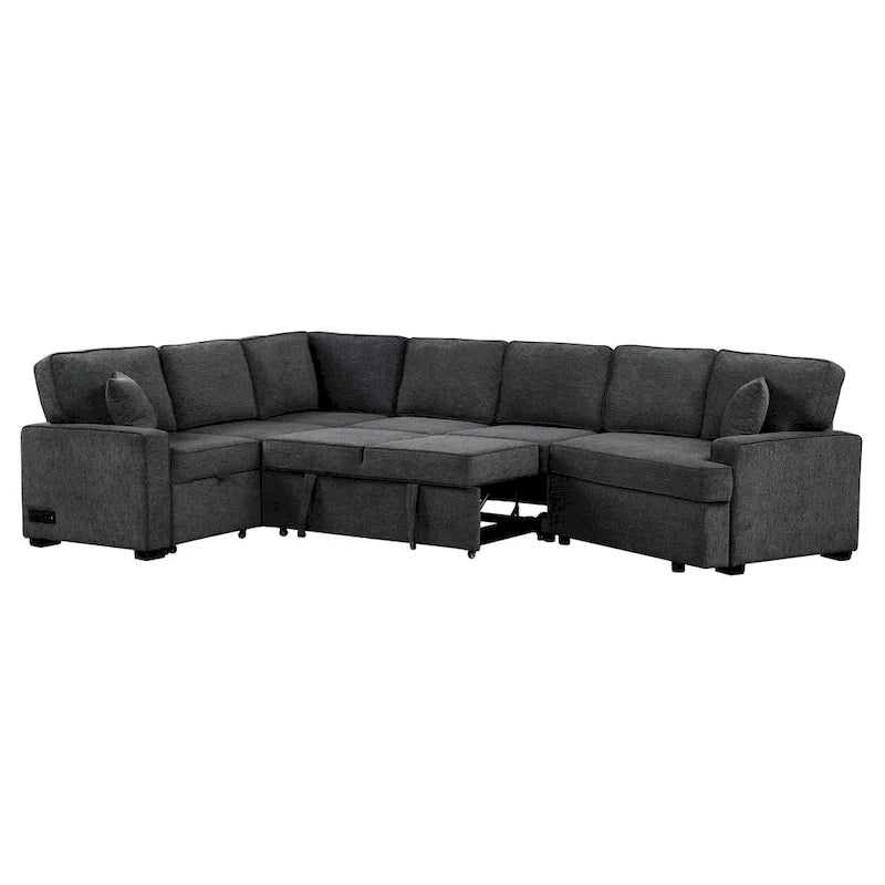 Canapé d'angle en L 6 places de 320 cm avec lit gigogne, ports de chargement USB et tablettes avec porte-gobelets rabattables