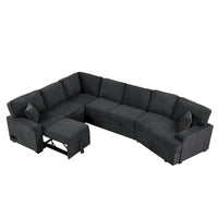 Canapé d'angle en L 6 places de 320 cm avec lit gigogne, ports de chargement USB et tablettes avec porte-gobelets rabattables
