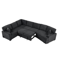 Canapé d'angle en L 6 places de 320 cm avec lit gigogne, ports de chargement USB et tablettes avec porte-gobelets rabattables