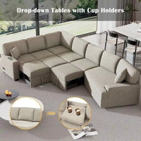 Canapé d'angle en L 6 places de 320 cm avec lit gigogne, ports de chargement USB et tablettes avec porte-gobelets rabattables