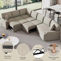 Canapé d'angle en L 6 places de 320 cm avec lit gigogne, ports de chargement USB et tablettes avec porte-gobelets rabattables