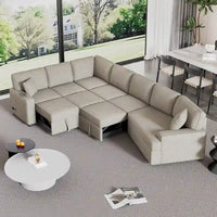 Canapé d'angle en L 6 places de 320 cm avec lit gigogne, ports de chargement USB et tablettes avec porte-gobelets rabattables