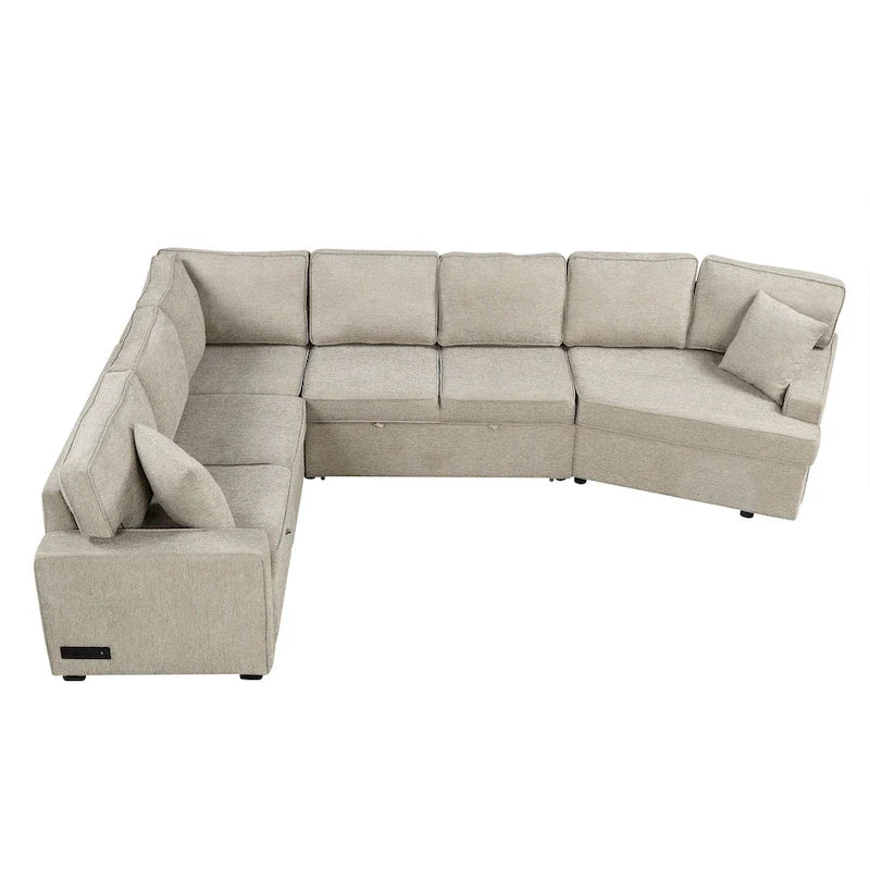 Canapé d'angle en L 6 places de 320 cm avec lit gigogne, ports de chargement USB et tablettes avec porte-gobelets rabattables
