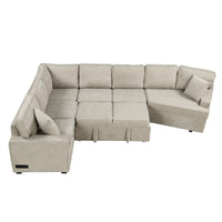 Canapé d'angle en L 6 places de 320 cm avec lit gigogne, ports de chargement USB et tablettes avec porte-gobelets rabattables