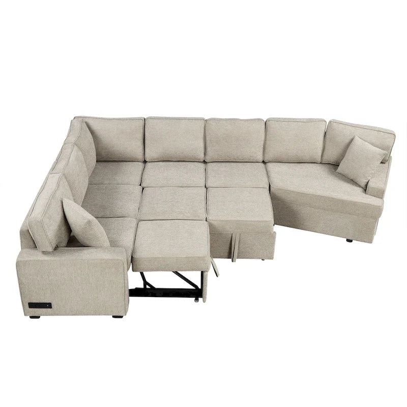 Canapé d'angle en L 6 places de 320 cm avec lit gigogne, ports de chargement USB et tablettes avec porte-gobelets rabattables