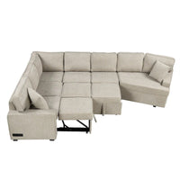Canapé d'angle en L 6 places de 320 cm avec lit gigogne, ports de chargement USB et tablettes avec porte-gobelets rabattables