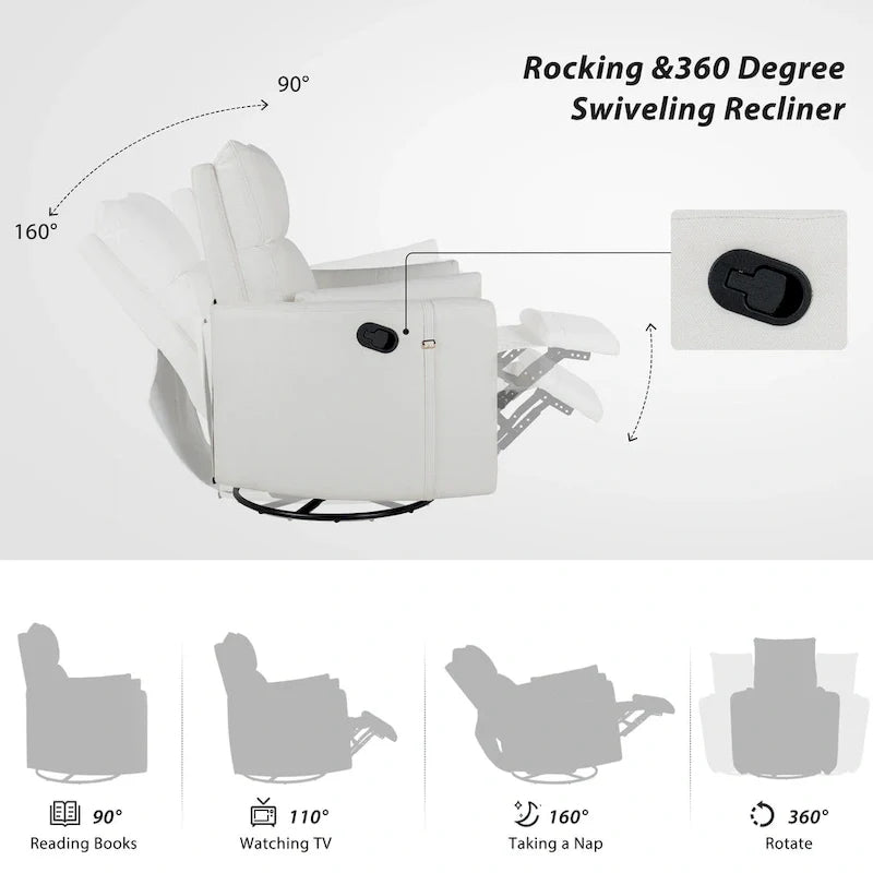 Fauteuil inclinable, pivotant et à bascule capitonné beige avec inclinaison manuelle, pivotement à 360° et deux coussins amovibles