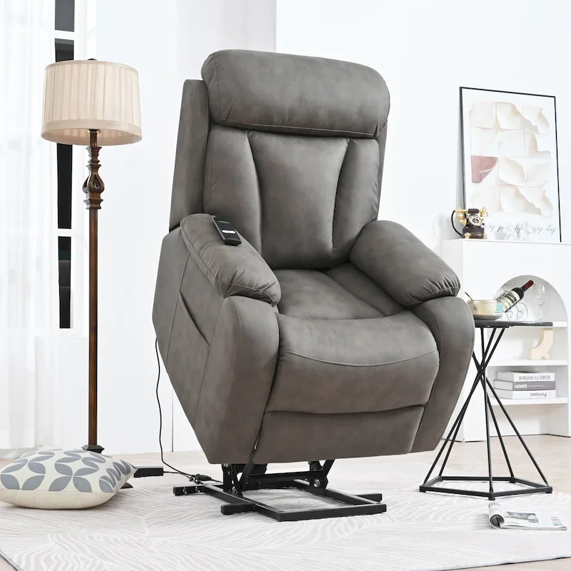 Fauteuil releveur électrique en tissu gris pour personnes âgées, avec télécommande, coussin surrembourré, poche latérale et structure robuste