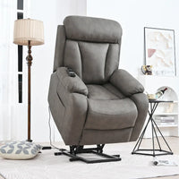 Fauteuil releveur électrique en tissu gris pour personnes âgées, avec télécommande, coussin surrembourré, poche latérale et structure robuste