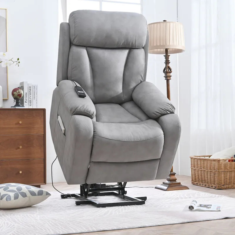 Fauteuil releveur électrique en tissu gris pour personnes âgées, avec télécommande, coussin surrembourré, poche latérale et structure robuste
