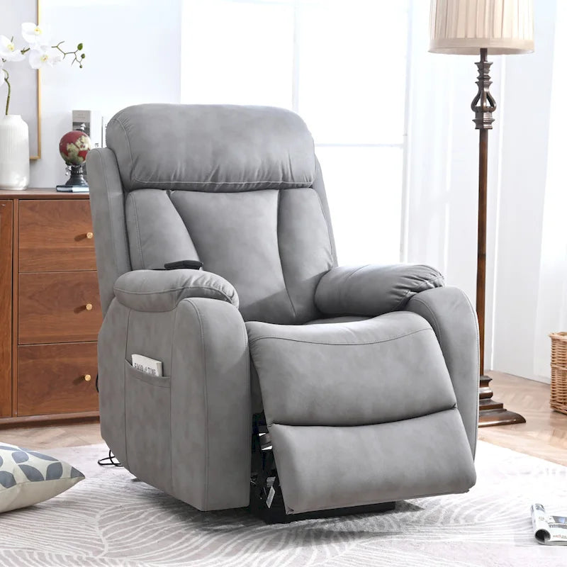 Fauteuil releveur électrique en tissu gris pour personnes âgées, avec télécommande, coussin surrembourré, poche latérale et structure robuste
