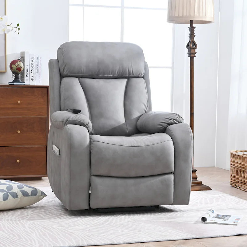 Fauteuil releveur électrique en tissu gris pour personnes âgées, avec télécommande, coussin surrembourré, poche latérale et structure robuste