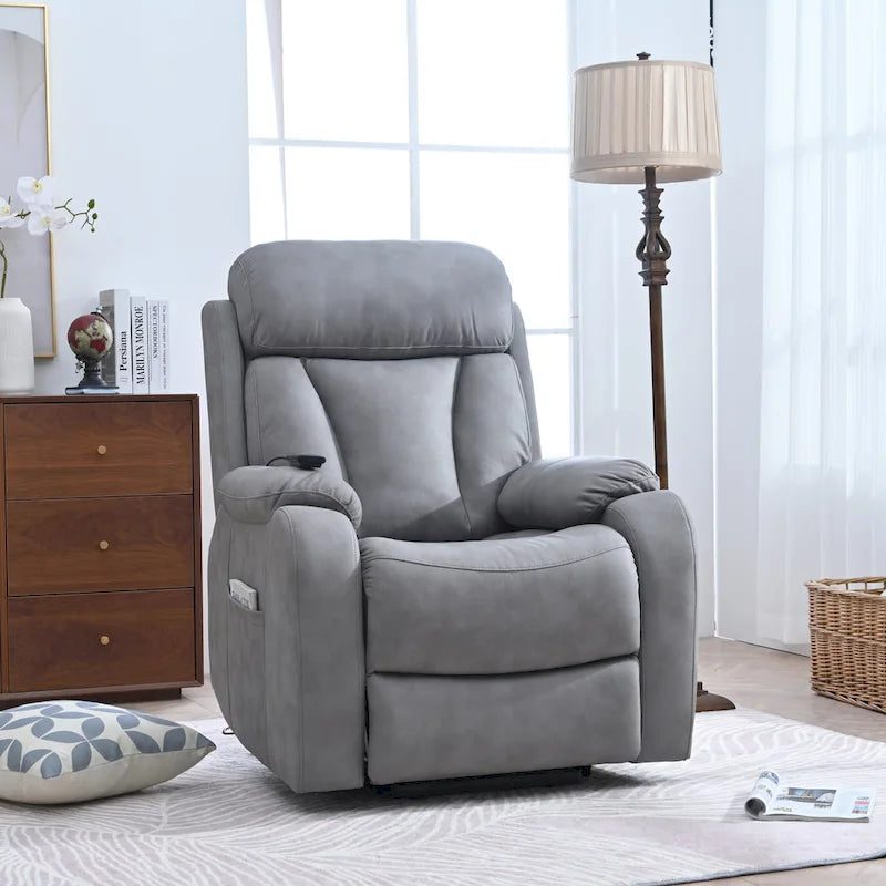 Fauteuil releveur électrique en tissu gris pour personnes âgées, avec télécommande, coussin surrembourré, poche latérale et structure robuste