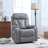 Fauteuil releveur électrique en tissu gris pour personnes âgées, avec télécommande, coussin surrembourré, poche latérale et structure robuste