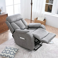 Fauteuil releveur électrique en tissu gris pour personnes âgées, avec télécommande, coussin surrembourré, poche latérale et structure robuste