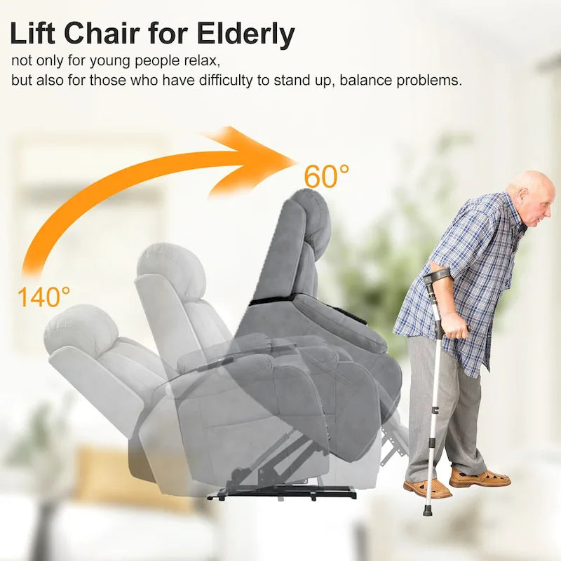 Fauteuil releveur électrique en tissu gris pour personnes âgées, avec télécommande, coussin surrembourré, poche latérale et structure robuste