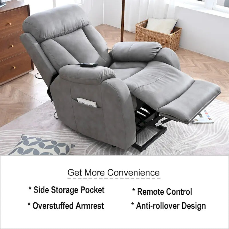 Fauteuil releveur électrique en tissu gris pour personnes âgées, avec télécommande, coussin surrembourré, poche latérale et structure robuste