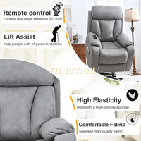 Fauteuil releveur électrique en tissu gris pour personnes âgées, avec télécommande, coussin surrembourré, poche latérale et structure robuste