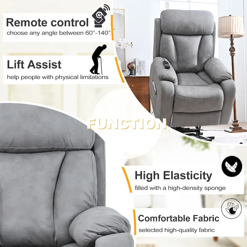 Fauteuil releveur électrique en tissu gris pour personnes âgées, avec télécommande, coussin surrembourré, poche latérale et structure robuste