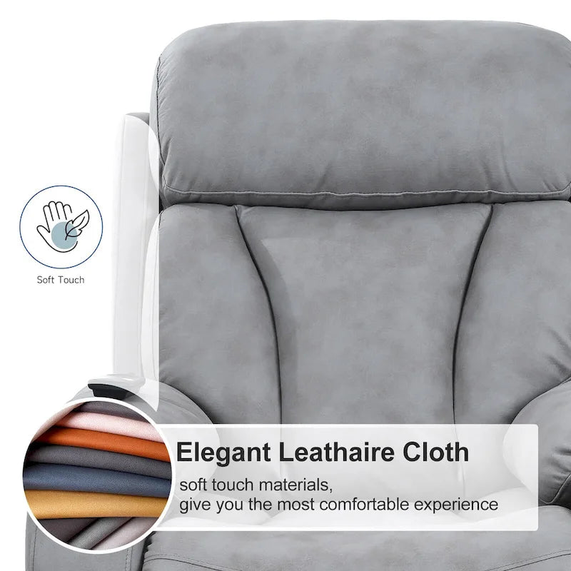 Fauteuil releveur électrique en tissu gris pour personnes âgées, avec télécommande, coussin surrembourré, poche latérale et structure robuste