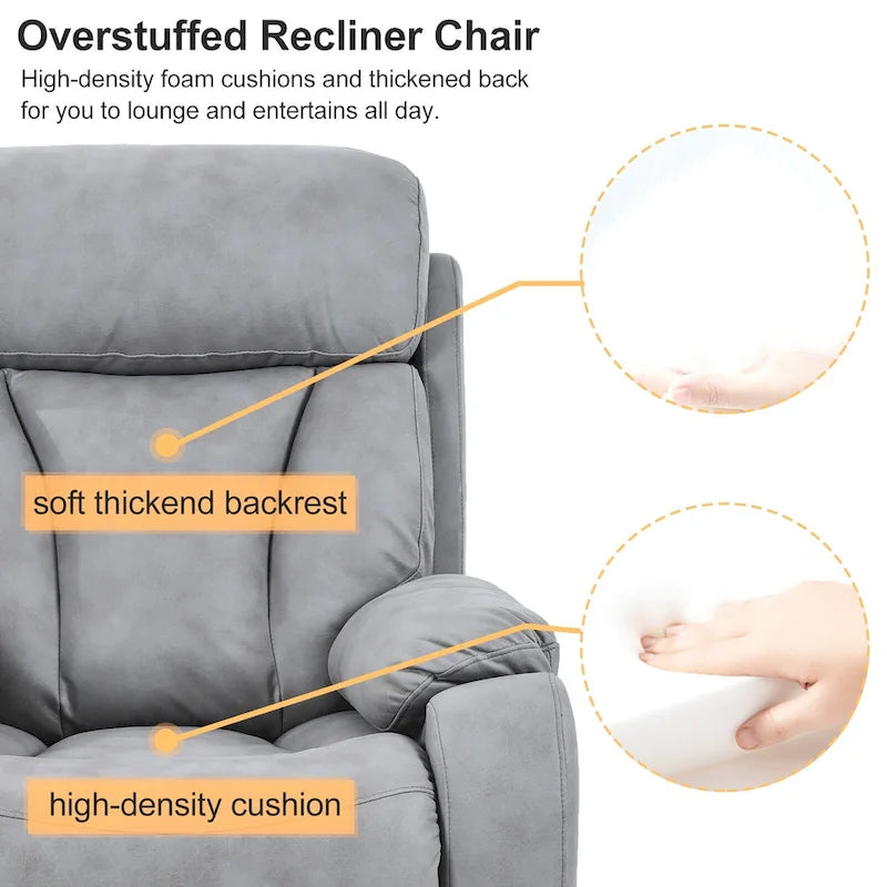 Fauteuil releveur électrique en tissu gris pour personnes âgées, avec télécommande, coussin surrembourré, poche latérale et structure robuste