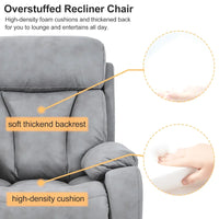 Fauteuil releveur électrique en tissu gris pour personnes âgées, avec télécommande, coussin surrembourré, poche latérale et structure robuste