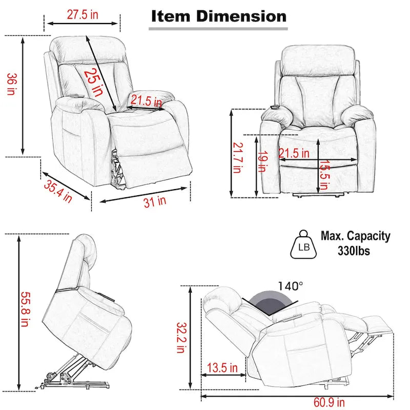 Fauteuil releveur électrique en tissu gris pour personnes âgées, avec télécommande, coussin surrembourré, poche latérale et structure robuste