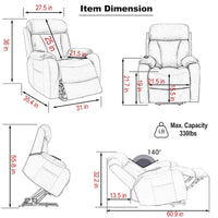 Fauteuil releveur électrique en tissu gris pour personnes âgées, avec télécommande, coussin surrembourré, poche latérale et structure robuste
