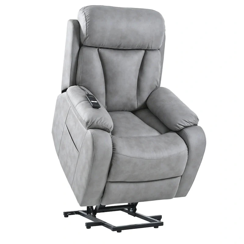 Fauteuil releveur électrique en tissu gris pour personnes âgées, avec télécommande, coussin surrembourré, poche latérale et structure robuste