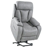 Fauteuil releveur électrique en tissu gris pour personnes âgées, avec télécommande, coussin surrembourré, poche latérale et structure robuste