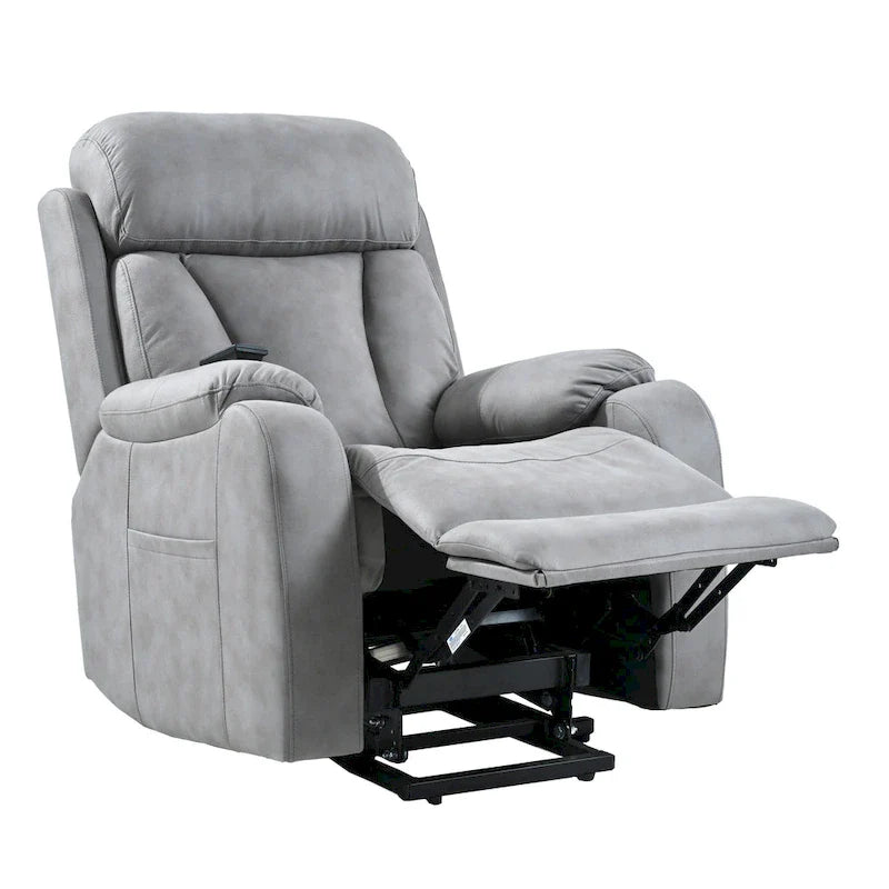 Fauteuil releveur électrique en tissu gris pour personnes âgées, avec télécommande, coussin surrembourré, poche latérale et structure robuste