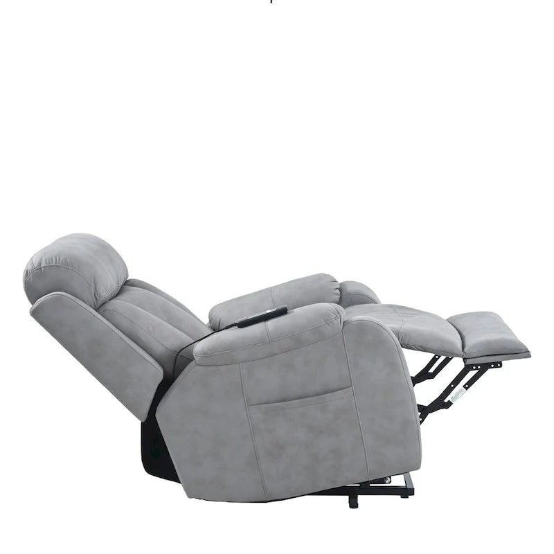 Fauteuil releveur électrique en tissu gris pour personnes âgées, avec télécommande, coussin surrembourré, poche latérale et structure robuste