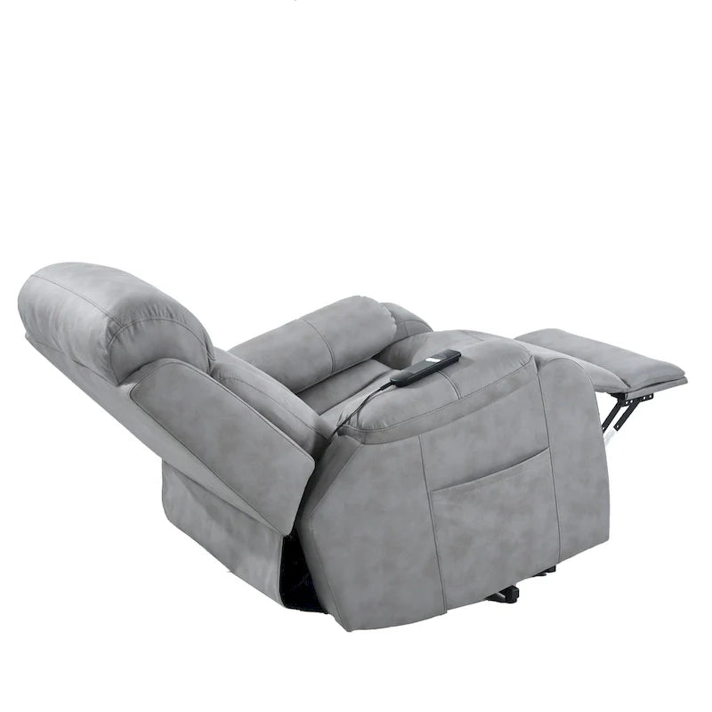 Fauteuil releveur électrique en tissu gris pour personnes âgées, avec télécommande, coussin surrembourré, poche latérale et structure robuste