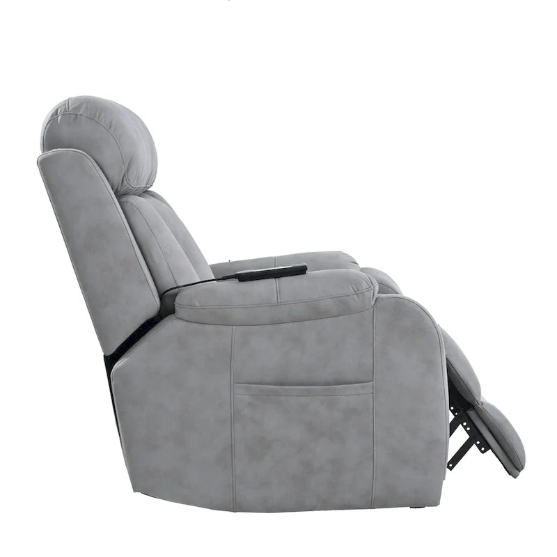 Fauteuil releveur électrique en tissu gris pour personnes âgées, avec télécommande, coussin surrembourré, poche latérale et structure robuste