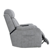 Fauteuil releveur électrique en tissu gris pour personnes âgées, avec télécommande, coussin surrembourré, poche latérale et structure robuste