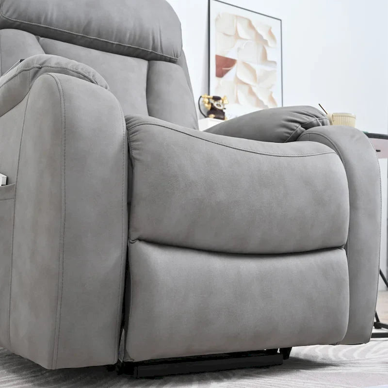 Fauteuil releveur électrique en tissu gris pour personnes âgées, avec télécommande, coussin surrembourré, poche latérale et structure robuste