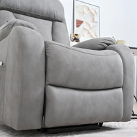 Fauteuil releveur électrique en tissu gris pour personnes âgées, avec télécommande, coussin surrembourré, poche latérale et structure robuste