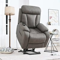 Fauteuil releveur électrique en tissu gris pour personnes âgées, avec télécommande, coussin surrembourré, poche latérale et structure robuste