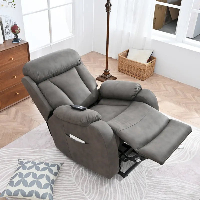 Fauteuil releveur électrique en tissu gris pour personnes âgées, avec télécommande, coussin surrembourré, poche latérale et structure robuste