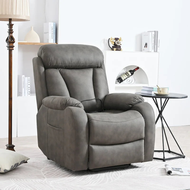 Fauteuil releveur électrique en tissu gris pour personnes âgées, avec télécommande, coussin surrembourré, poche latérale et structure robuste