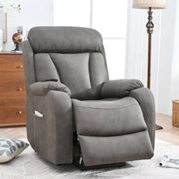 Fauteuil releveur électrique en tissu gris pour personnes âgées, avec télécommande, coussin surrembourré, poche latérale et structure robuste