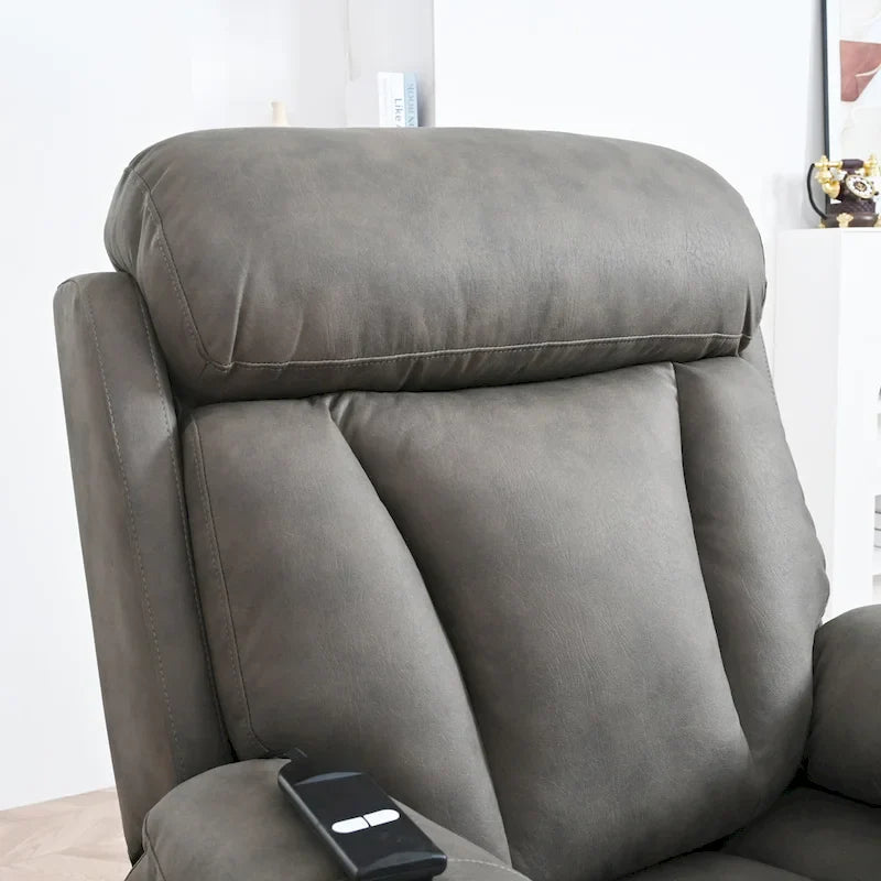 Fauteuil releveur électrique en tissu gris pour personnes âgées, avec télécommande, coussin surrembourré, poche latérale et structure robuste