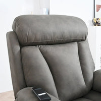 Fauteuil releveur électrique en tissu gris pour personnes âgées, avec télécommande, coussin surrembourré, poche latérale et structure robuste